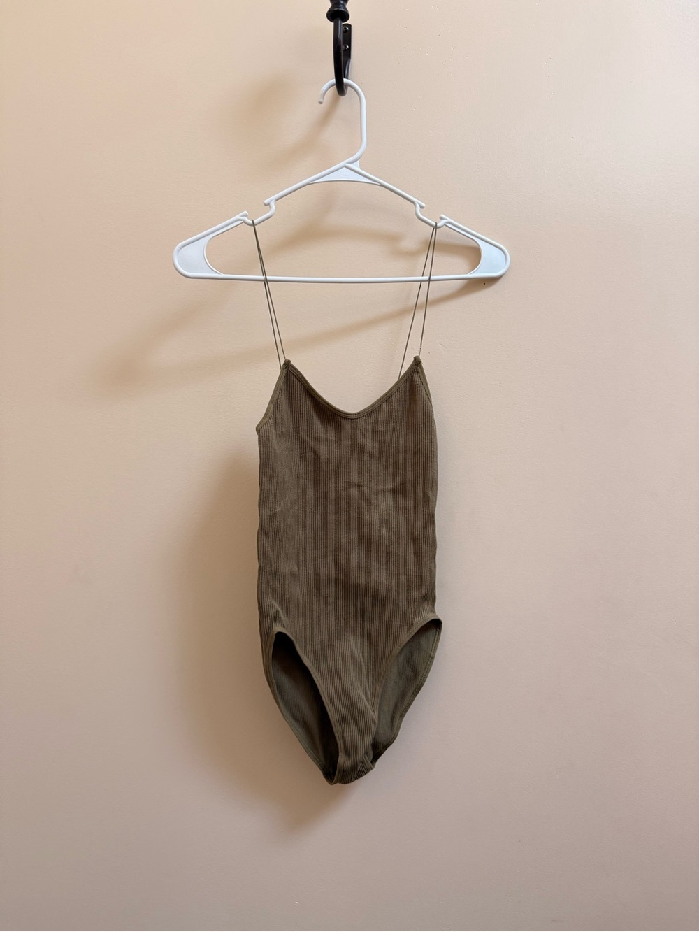Urban Outfitters Olive Ribbed Spaghetti-Strap Bodysuit